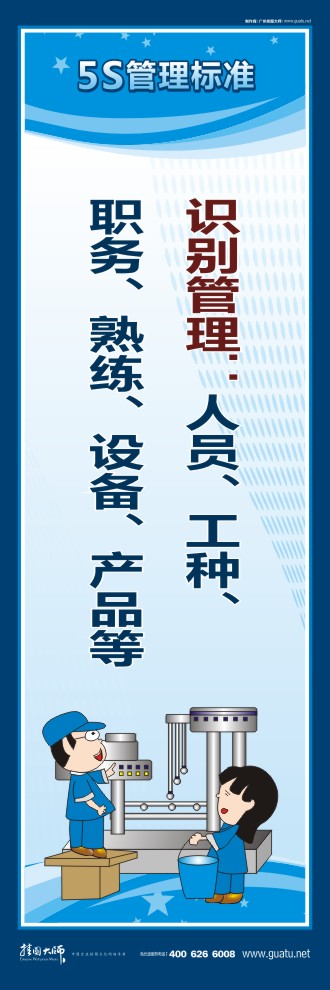 關(guān)于5s的標(biāo)語 識別管理：人員、工種、職務(wù)、熟練、設(shè)備、產(chǎn)品等