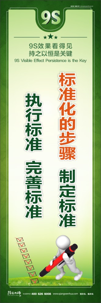 9S標(biāo)準(zhǔn)化的步驟：制定標(biāo)準(zhǔn)、執(zhí)行標(biāo)準(zhǔn)、完善標(biāo)準(zhǔn)